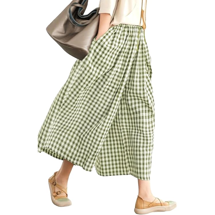 Culottes Mujer Talla Grande - Cintura Elástica, Pantalones Bohemios De Verano, Ligeros Y Holgados En Lino A Cuadros