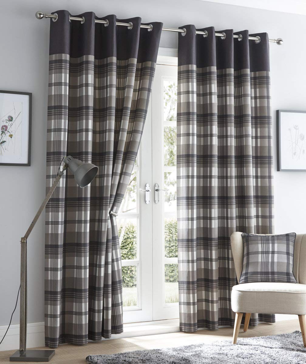 Portfolio Curtains Portfolio Orleans Check Striped Fully Lined Eyelet Ring Top Curtains-Charcoal Grey Wide, Polyester, 46" width x 72" drop