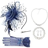 AQOKKA Women Fascinators Hats Veil Mesh Tea Party Derby Hat Bow Lace Gloves Pearl Jewelry Set for Women Cocktail Wedding