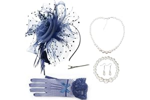 AQOKKA Women Fascinators Hats Veil Mesh Tea Party Derby Hat Bow Lace Gloves Pearl Jewelry Set for Women Cocktail Wedding