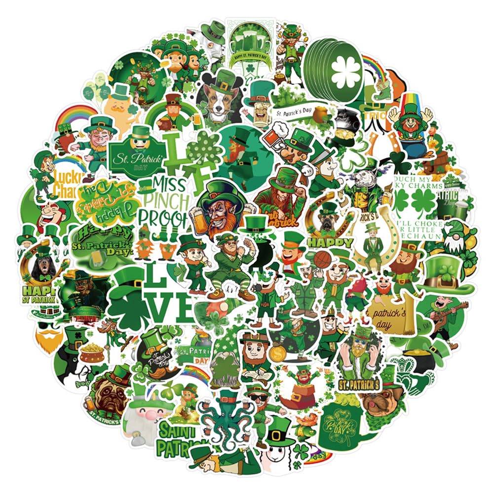200pcs Lucky St Patrick's Day Stickers for Water Bottles,Green Vinyl Waterproof Aesthetic Stickers, Ireland Clover Day Decals Stickers Party Decorations, Irish Shamrock Sticker for Laptop,Gift Boxes