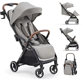 Babideal Lightweight Travel Stroller for Baby, Self-Folding Toddler Stroller with Large Canopy, Full-Reclining Seat, Cup Holder Included - Newborn to 50lbs. (Grey)