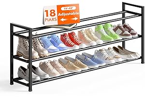 Bumusty 3-Tier Long Expandable Shoe Rack for Closet, 18"-44" Adjustable Shoe Rack for Entryway, 15-18 Pairs Large Shoe Organizer Shelf Storage, Sturdy Metal, Black