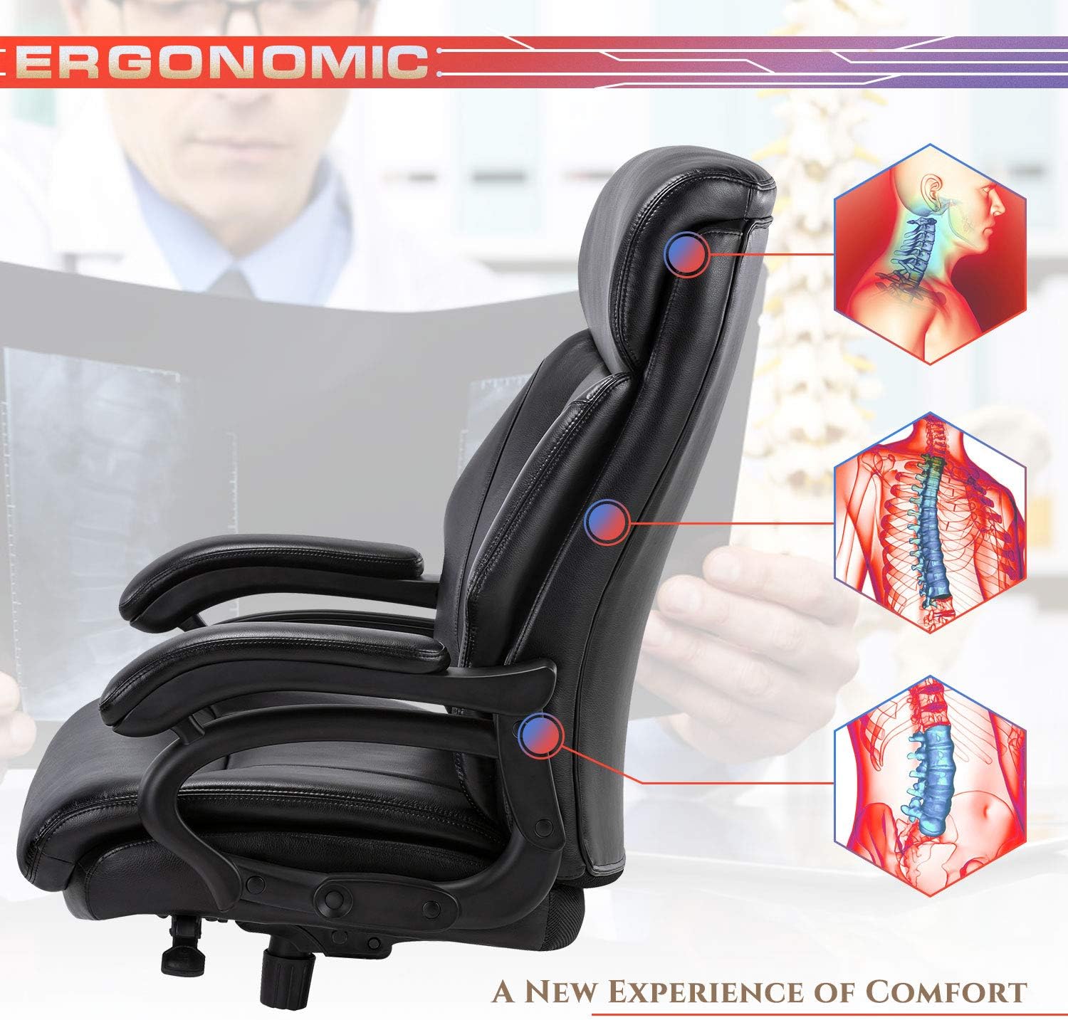 STARSPACE High Back Big & Tall 400lb Bonded Leather Office Chair Large Executive Desk Computer Swivel Chair - Heavy Duty Metal Base, Adjustable Tilt Angle, Ergonomic Design for Lumbar Support: Office Products