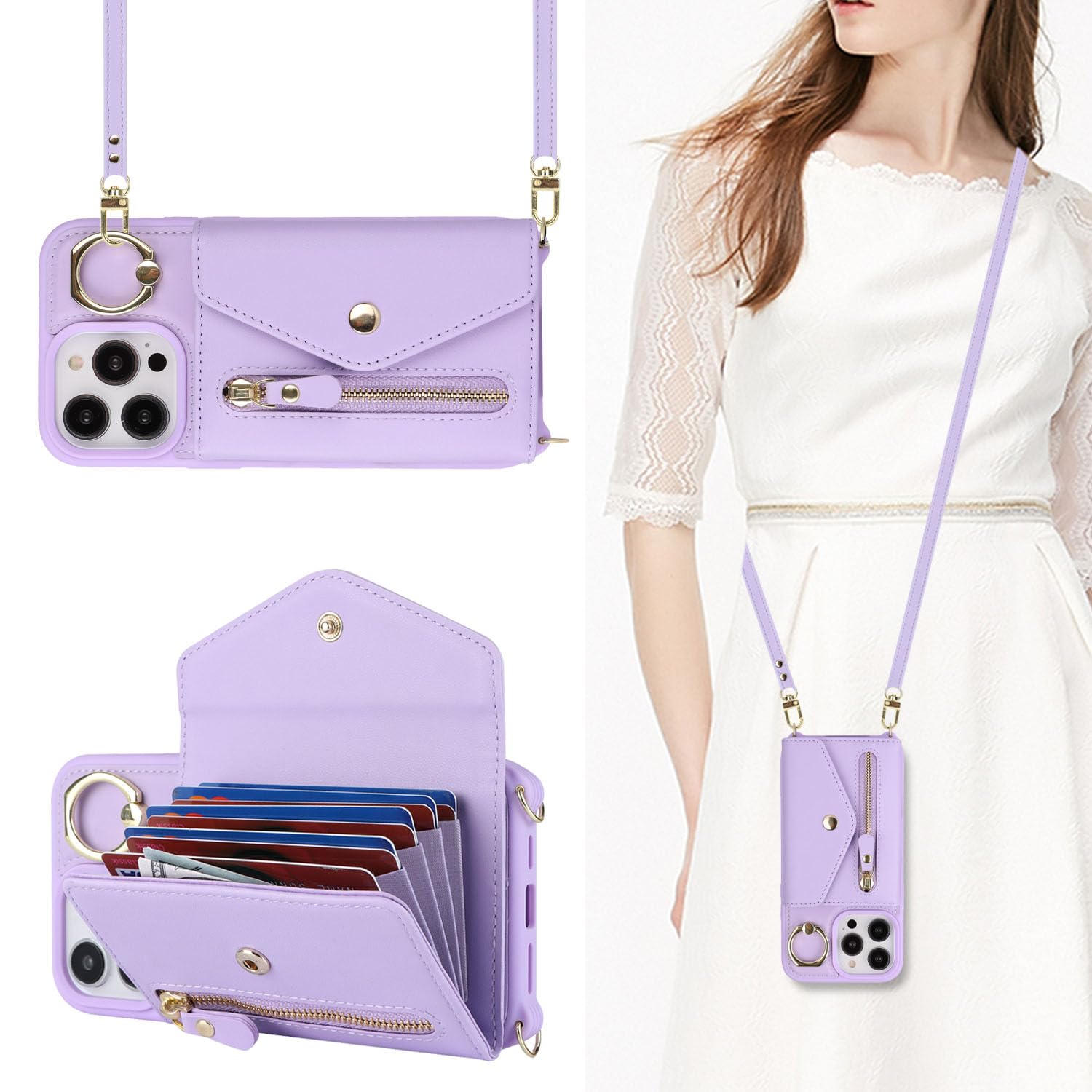 SailorTech iPhone 13 Case with Zipper Credit Card Holder for Women, Leather Case Ring Stand with Card Slots Kickstand Wallet Crossbody for Purple iPhone 13