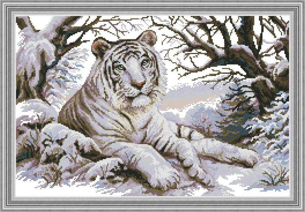 CaptainCrafts Hot New Stamped Cross Stitch Kits Preprinted Pattern and Counted White Fabric Embroidery Needlepoint Adults Kits for Home Decor Crafts Kit Tiger (Stamped 14CT)