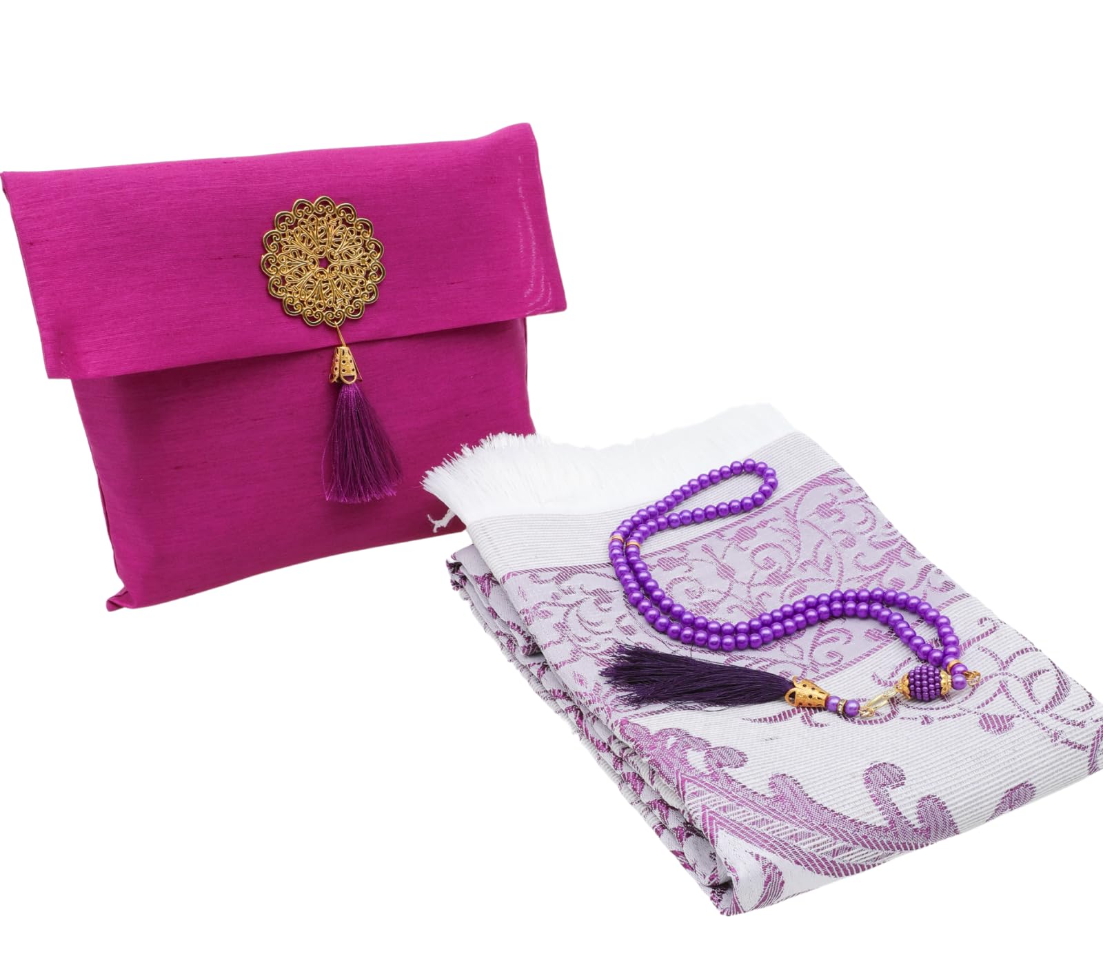 Prien Muslim Prayer Rug With Tasbih Beads and Portable Bag, Muslim Gift For Women Men, Mubarak Islamic Box, Soft Mat Gifts Set, Turkish Carpet For Ramadan, Eid, Hajj, Travel (Purple)