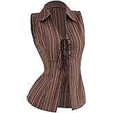 MakeMeChic Women's Striped Lace Up Blouse V Neck Collar Sleeveless Y2k Western Shirt