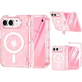 Casetego for iPhone Duo case Magnetic,with Screen Protector,Pink | Compatible with Magsafe,[Kickstand][Hinge Protection] Clear Glitte Slim Shockproof Women Case for Apple iPhone Duo