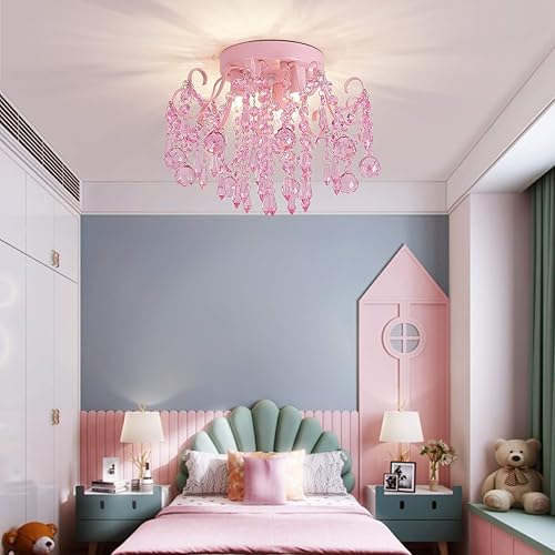 Q&S Mini Chandelier Crystal,Semi Flush Mount Pink Girl Chandelier