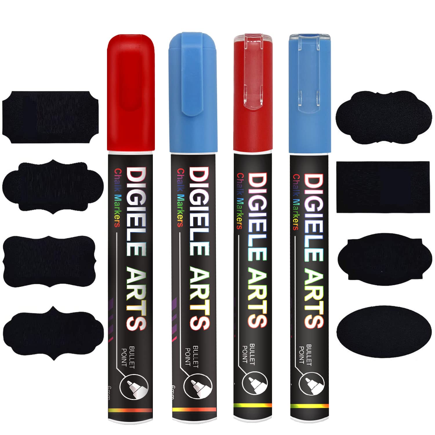 Liquid Chalk Marker Pens Red + Blue, DIGIELE 2pcs 3mm Chalk Pens + 2pcs 6mm Chalk Markers, Dry or Wet Wipe Erase, Thin & Medium Reversible Bullet or Chisel Tip, 4 Pens + 16pcs Chalkboard Labels Packed