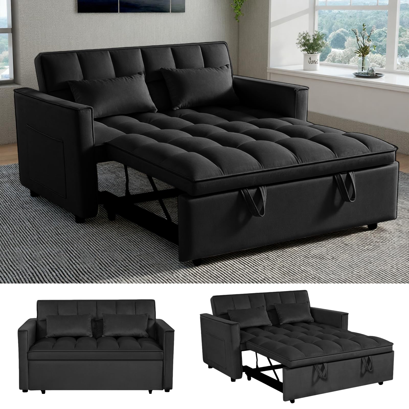 Photo 1 of *PARTIAL SET** ComeWay 3-in-1 Sofa Bed, 54" Pull-Out Sleeper Sofa Bed with 3-Level Adjustable Backrest, Velvet Fabric Loveseat Sleeper Couch for Living Room & Bedroom & Apartment & Dorm Furniture, Black