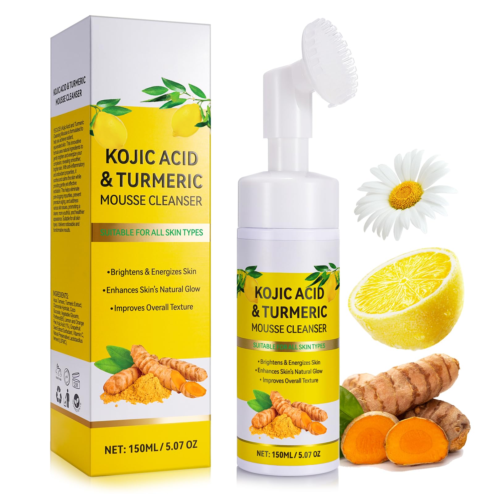 Turmeric Facial Foaming Cleanser |TurmericKojic Acid Foaming Cleanser|Turmeric Cleanser for Face,Clear Mousse Cleanser,Gentle & Non-Irritating |Turmeric Foaming Cleanser for All Skin,150ML