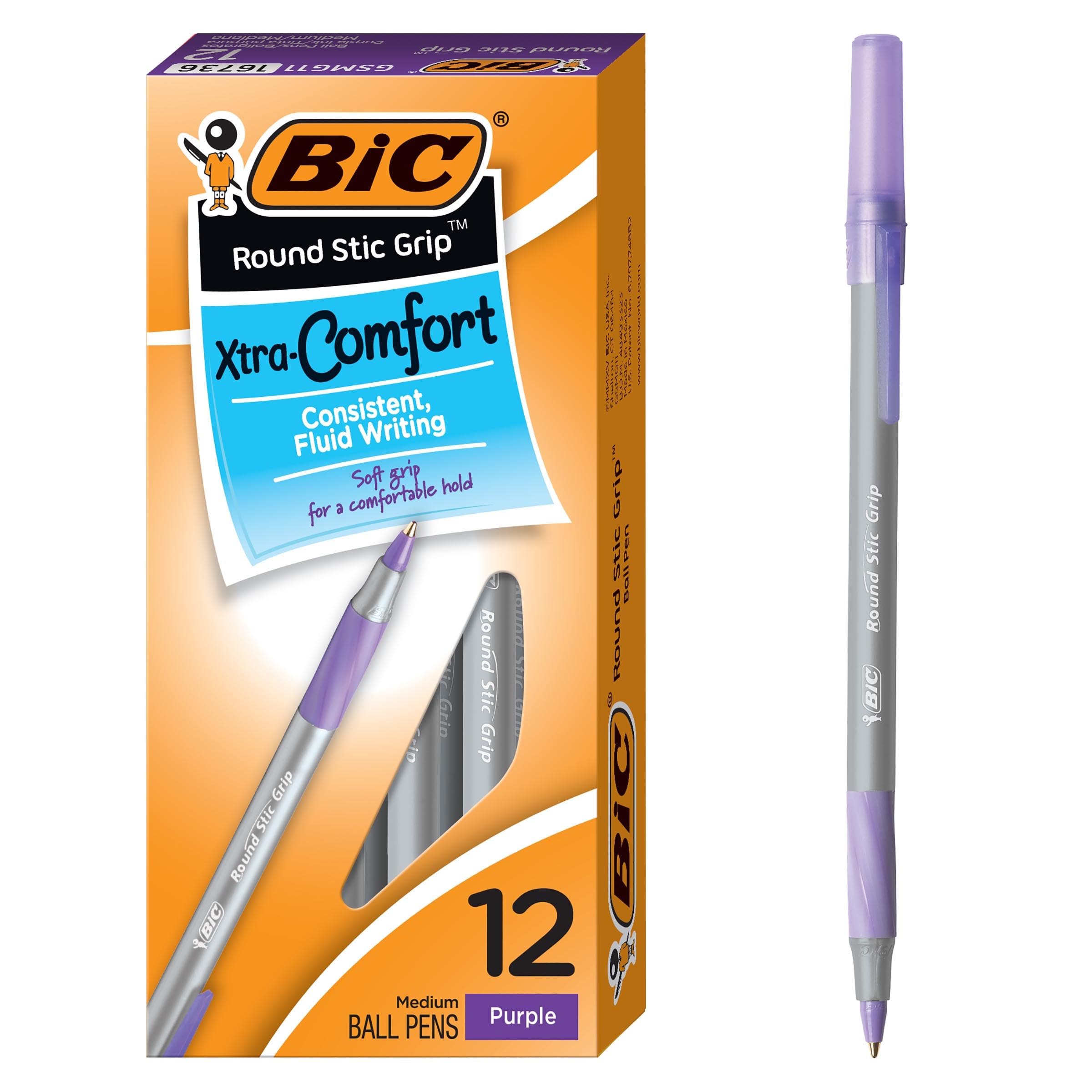 BIC Round Stic Grip Xtra Comfort Ballpoint Pen, Medium Point (1.2mm), Purple, 12-Count