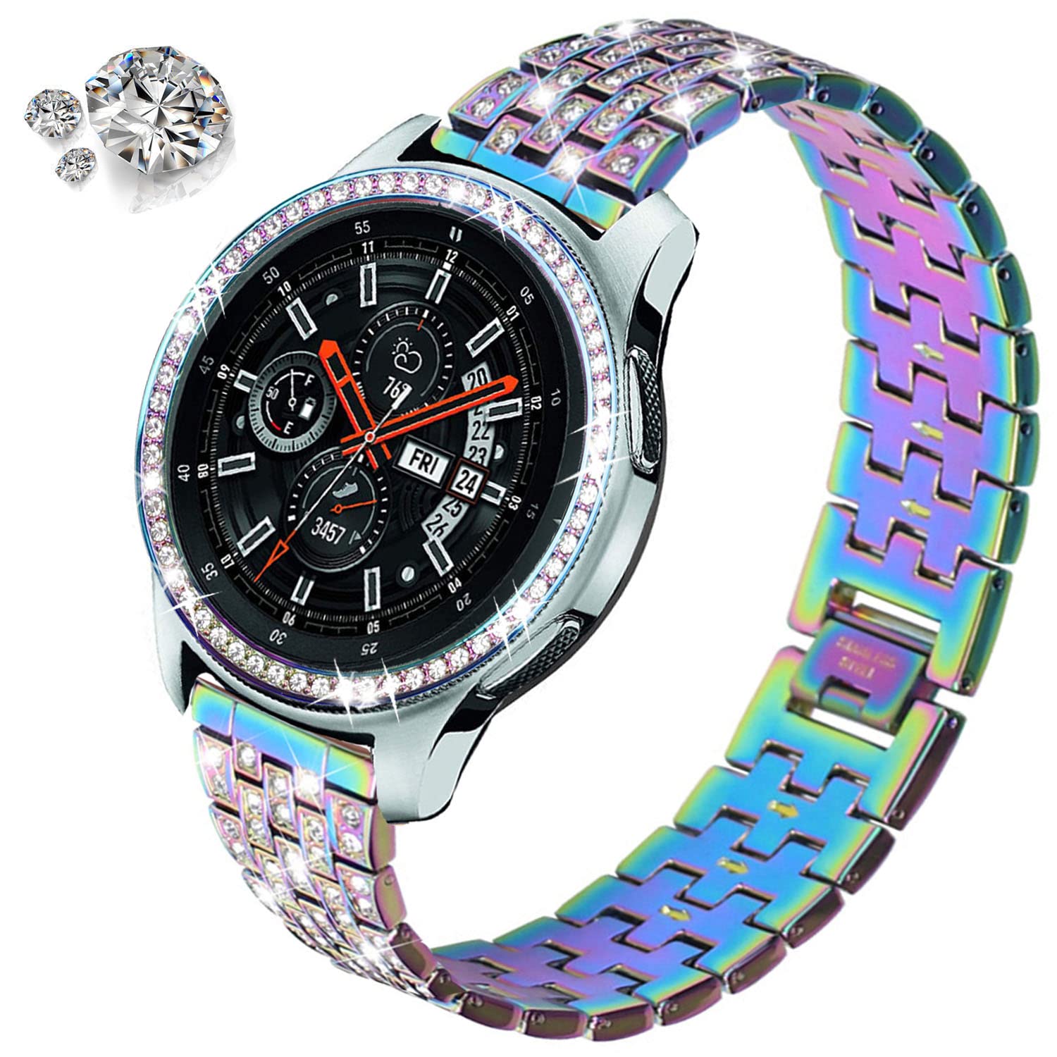 DEALELE Strap Compatible with Samsung Gear S3 Frontier / Classic / Galaxy Watch 46mm, 22mm Rhinestone Diamond Metal Steel Bracelet with Watch Face Bezel Ring Cover Replacement for Women Men, Rainbow
