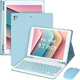 Nsyee Keyboard Case for iPad 9.7 inch 2018 (6th Gen)/ 2017 (5th Gen)/2016 iPad Pro/Air 1/2, Detachable Bluetooth Keyboard Case with Pencil Holder and Mouse for 9.7 inch, Auto Sleep/Wake, Blue