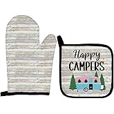 Qeheb Happy Camper Oven Mitts and Pot Holders Sets, Camper Camping Gifts Oven Mitts, Farmhouse Rv Camping Cooking Over Mittens for Kitchen Decor, Camping Gifts for Campers Camping Lover Women Men