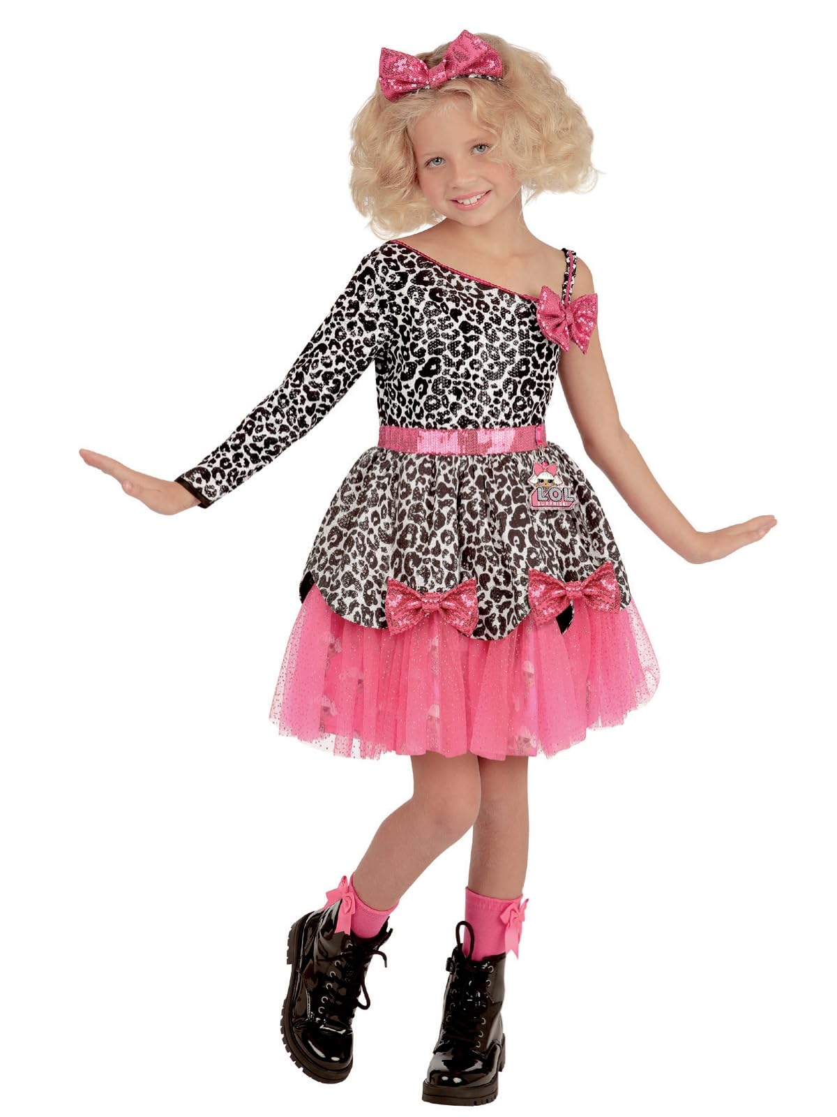 Smiffys L.O.L Surprise!™ Deluxe Diva Girls Costume, Leopard Print Skirt & Pink Sequin Bow, Official L.O.L Surprise!™ License Dress & Headband, Perfect Fancy Dress Outfit for Girls