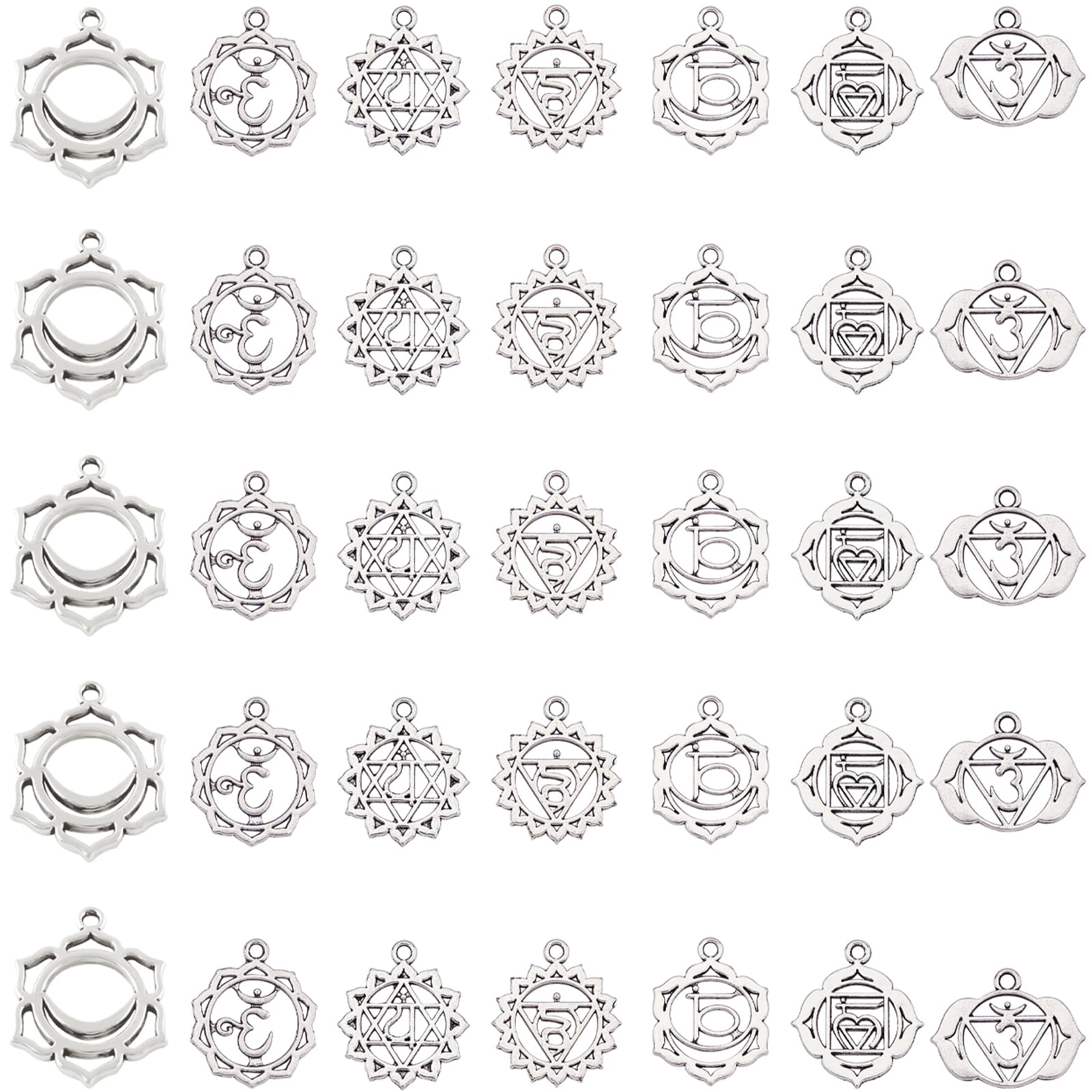 SUNNYCLUE 1 Box 42pcs 7 Styles Chakra charms Indian Energy Charms Jewelry Findings Making Accessory Supplies for DIY Necklace Bracelet Crafting, Antique Silver