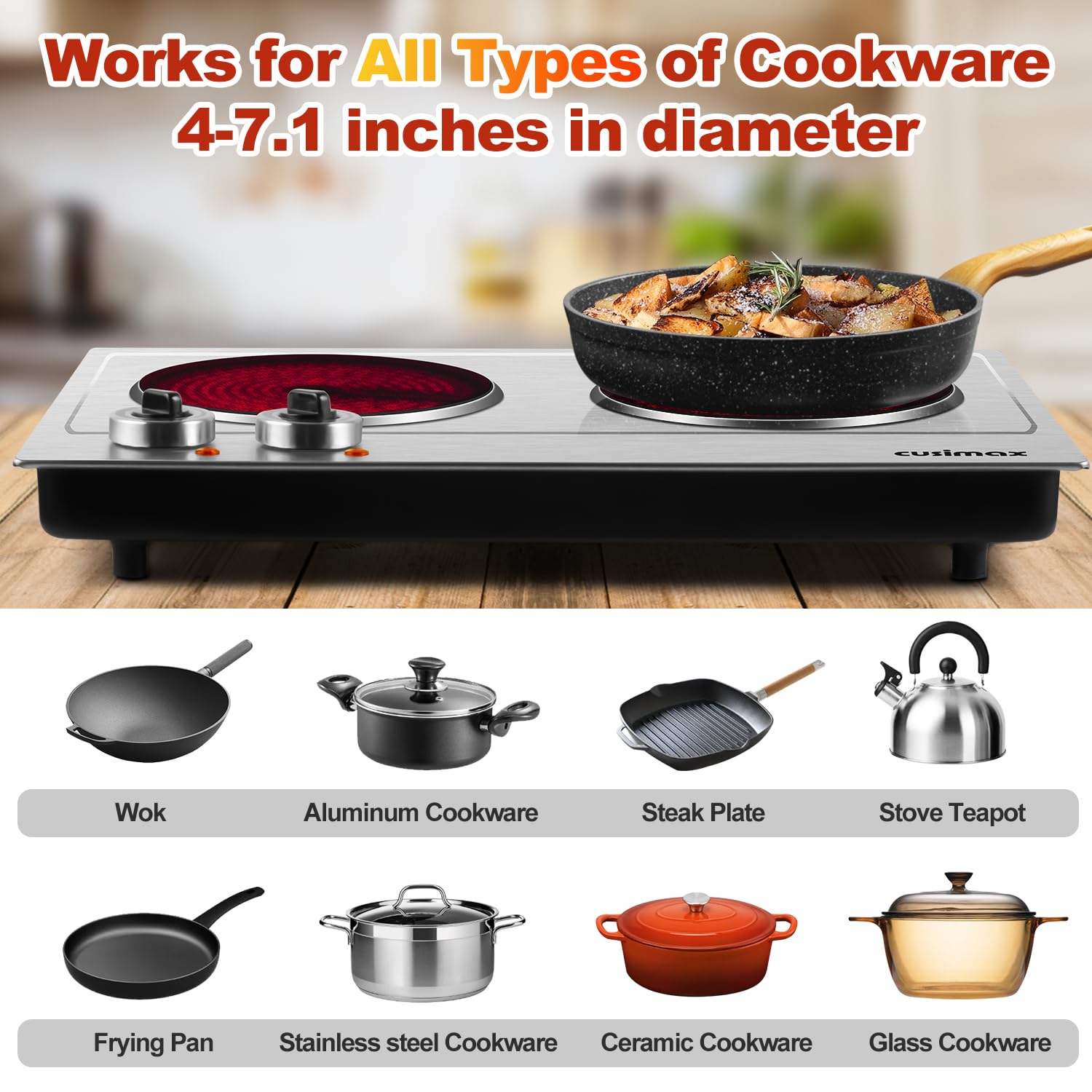 Hot Plate,Cusimax Dual Infrared Burner, Electric Ceramic Glass Stove,Adjustable Temperature Control,Stainless Steel,Compatible of all Cookware,Easy Clean for Home, Dorm, Office