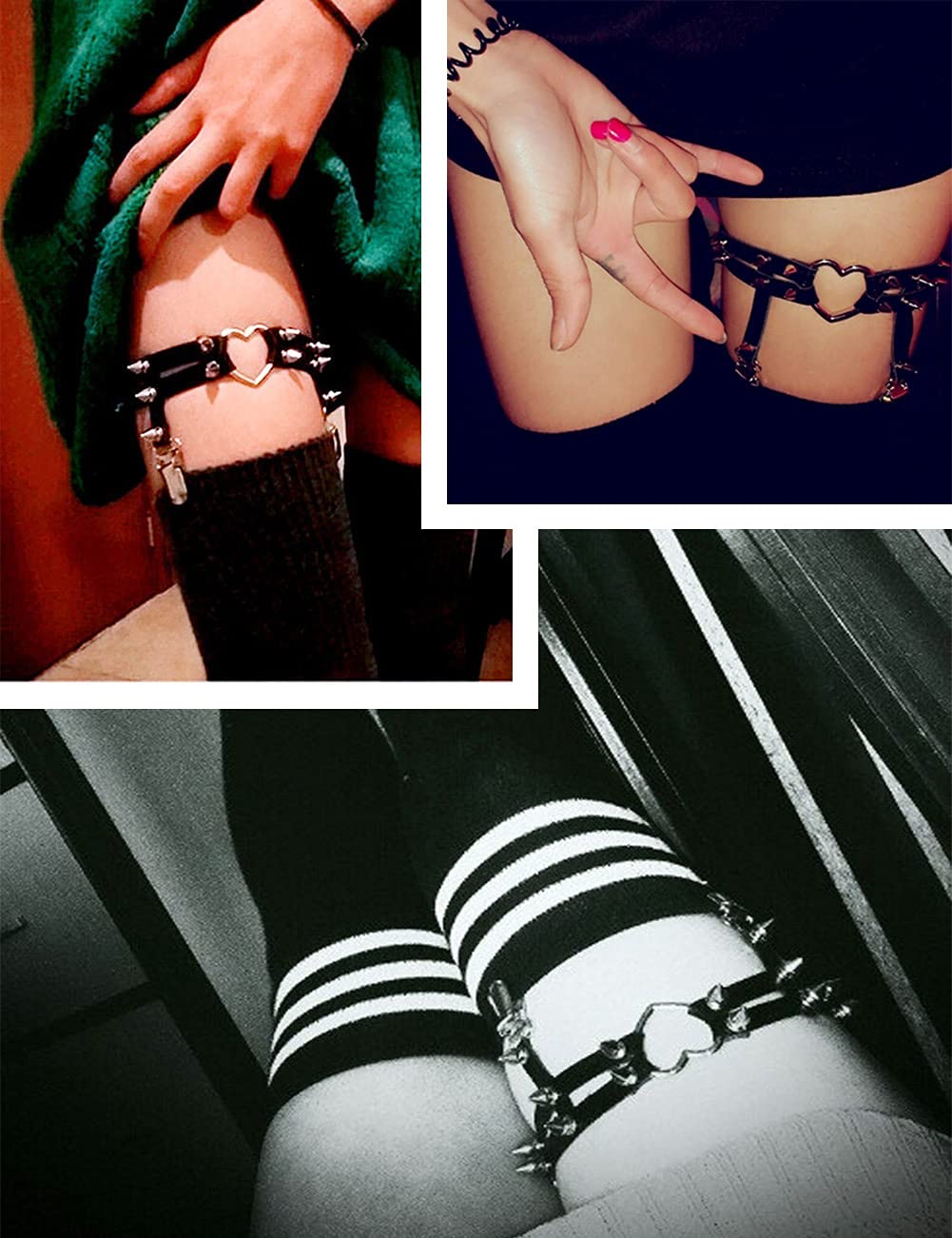Adove Women Adjustable Leather Thigh Garter, Heart Shaped Leg Garter with Clips punk goth Garters for thigh high socks black