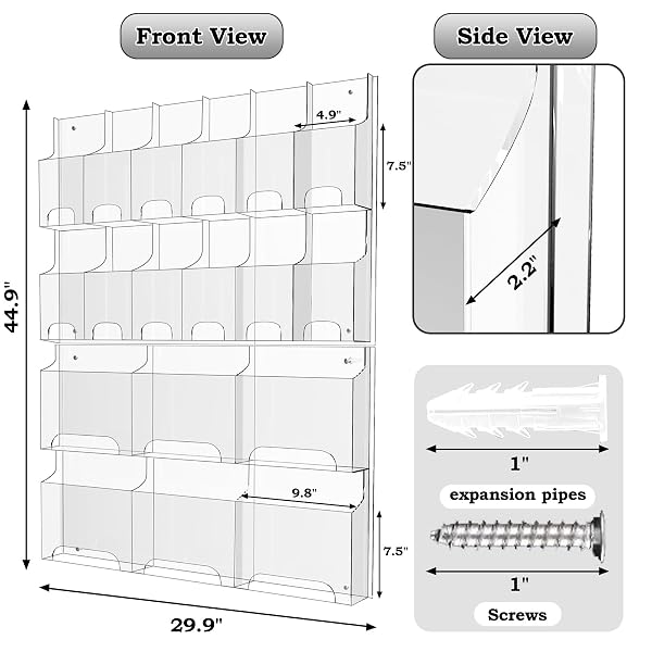 ACRYLIC BROCHURE PAMPHLET HOLDER, 6 MAGAZINE HOLDERS AND 12 PAMPHLET HOLDERS, CLEAR BROCHURE DISPLAY HOLDER WALL MOUNT, TRIFOLD FLYER RACK, LITERATURE STORAGE RACK FOR HOME, OFFICES, WAITING ROOM