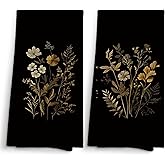 Sviojuce Vintage Black Botanical Kitchen Towels Decorative 16x24 Set of 2, Dark Floral Flower Dish Towels Cloths Dishcloths Tea Towel, Aesthetic Rustic Fall Autumn Bathroom Kitchen Hand Towel Decor