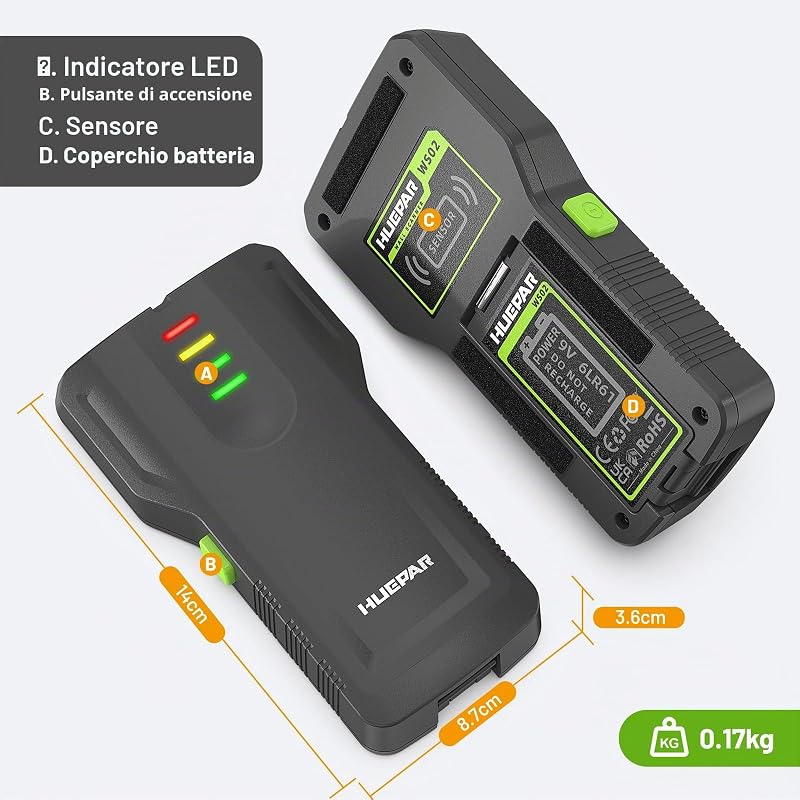 Rilevatore di legno e tubi, 4-in-1 rilevatore da parete Huepar, con spia LCD a quattro livelli e cicalino, rileva legno, metallo, tubi dell’acqua in PVC e materiali non metallici nelle pareti WS02