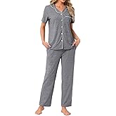 cheibear Womens Pajama Set Button Down Soft Short Sleeve Sleepwear Long Pants 2 Piece Lounge Set