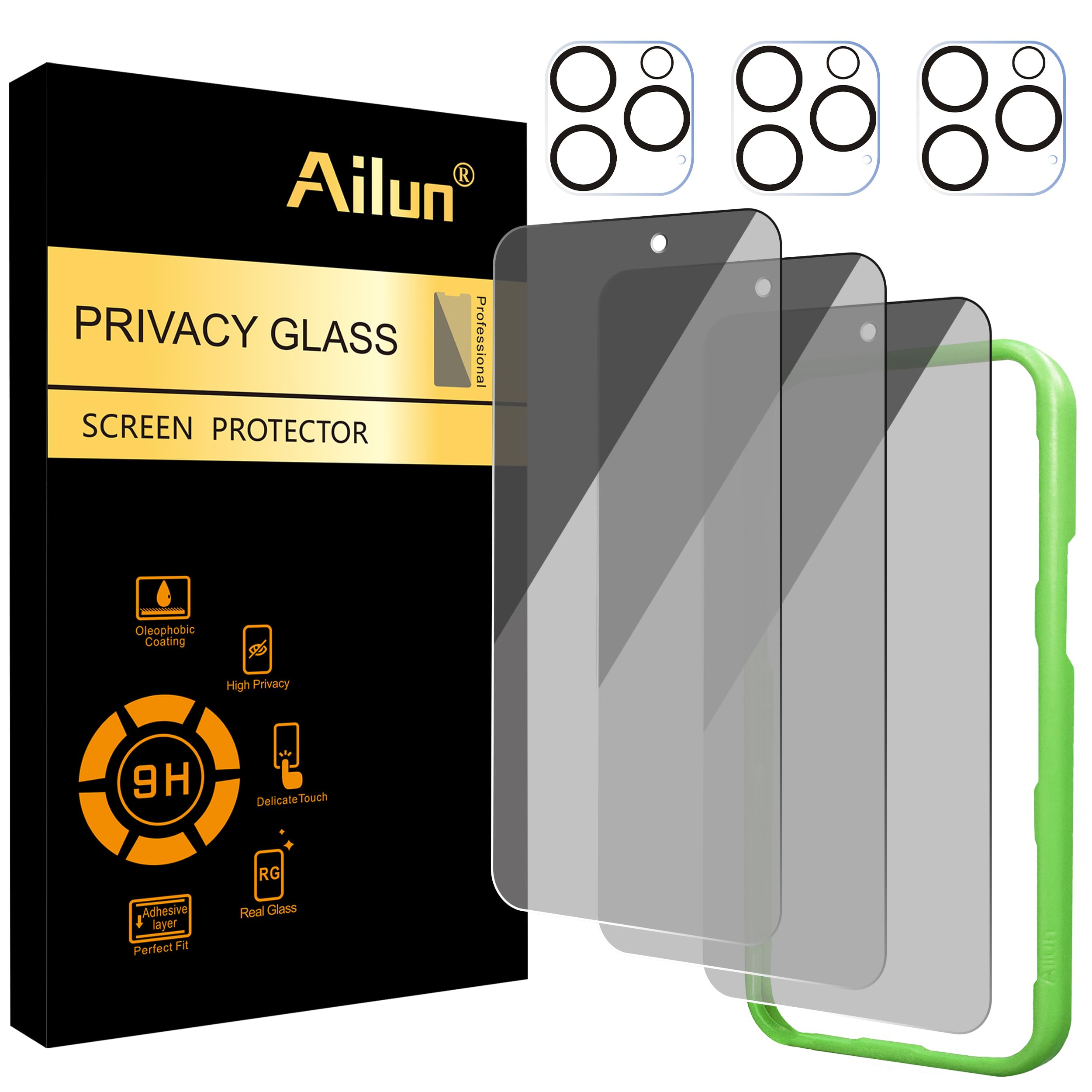 Photo 1 of Ailun 3Pack Privacy Screen Protector for iPhone 16 Pro [6.3 inch]+3Pack Camera Lens Protector,Dynamic Island Compatible,Anti Spy Tempered Glass[9H Hardness][Not for iPhone 16/16 Plus/16 Pro Max/16e]