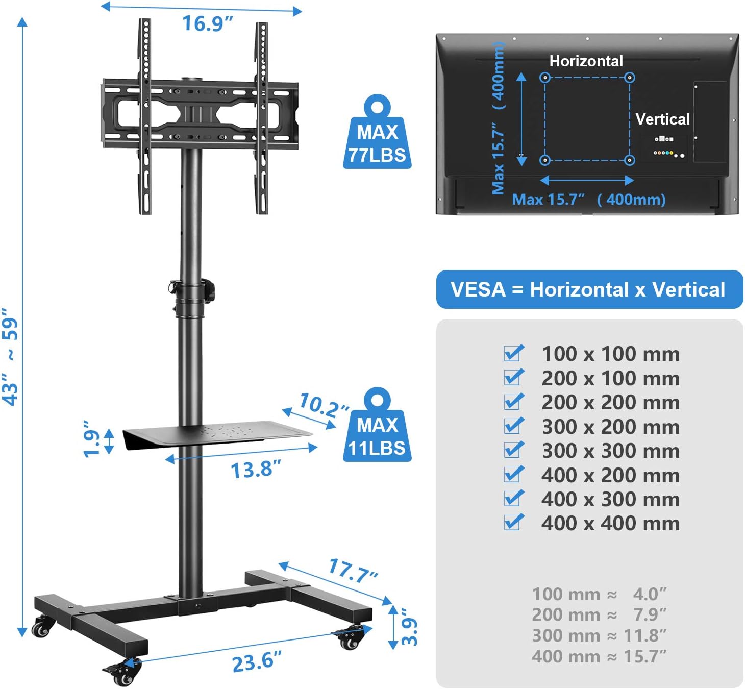 Mobile TV Cart Rolling Floor Stand with Mount on Lockable Wheels Height Adjustable Shelf Trolley for 23-55 inch Flat or Curved Screen TVs Display Stand, Black : Home Audio & Theater