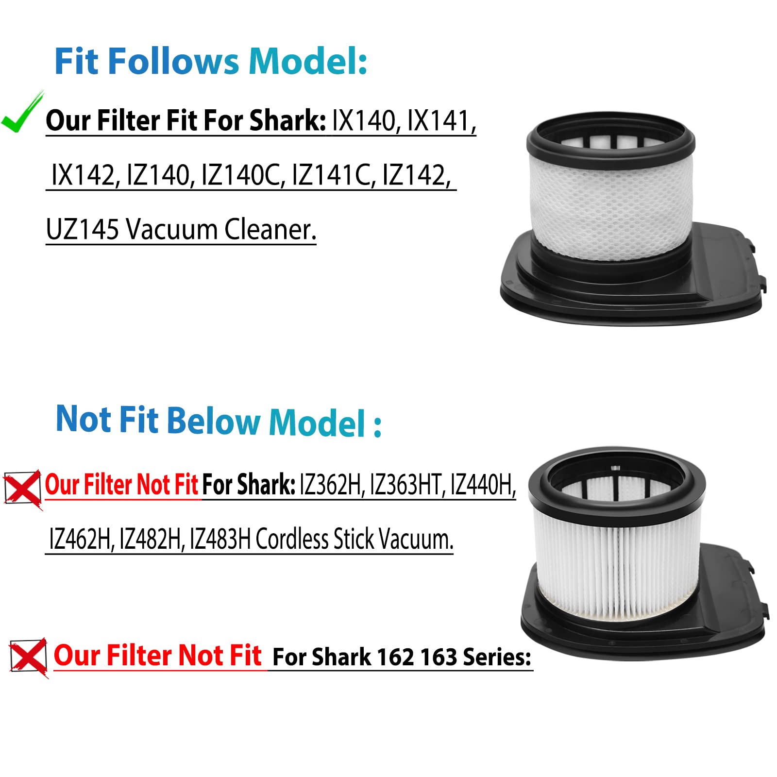 IX141 Filters Fit for Shark IX141 IX140 IZ140 IX142 IZ140C IZ142 UZ145 IZ141C IX141H WZ140 WZ250 Stick Vacuum, Replace Part 616FJ140 & 617FJ140, 2 Pack Filter 4 Pack Foam & Felt Filter Kit