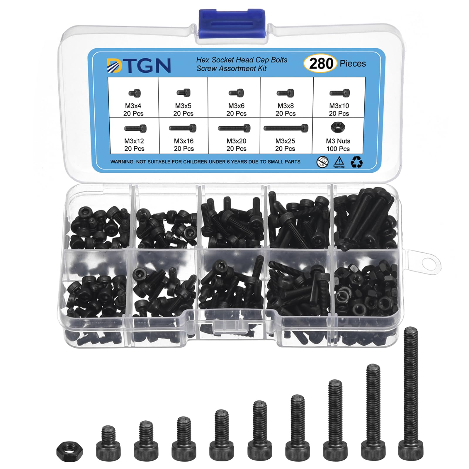 DTGN 280Pcs M3 Metric Screw Assortment, Bolts and Nuts Kit, 12.9 Grade Steel M3x4/5/6/8/10/12/16/20/25mm Hex Socket Head Cap Screws Bolt Set for 3D Printing DIY