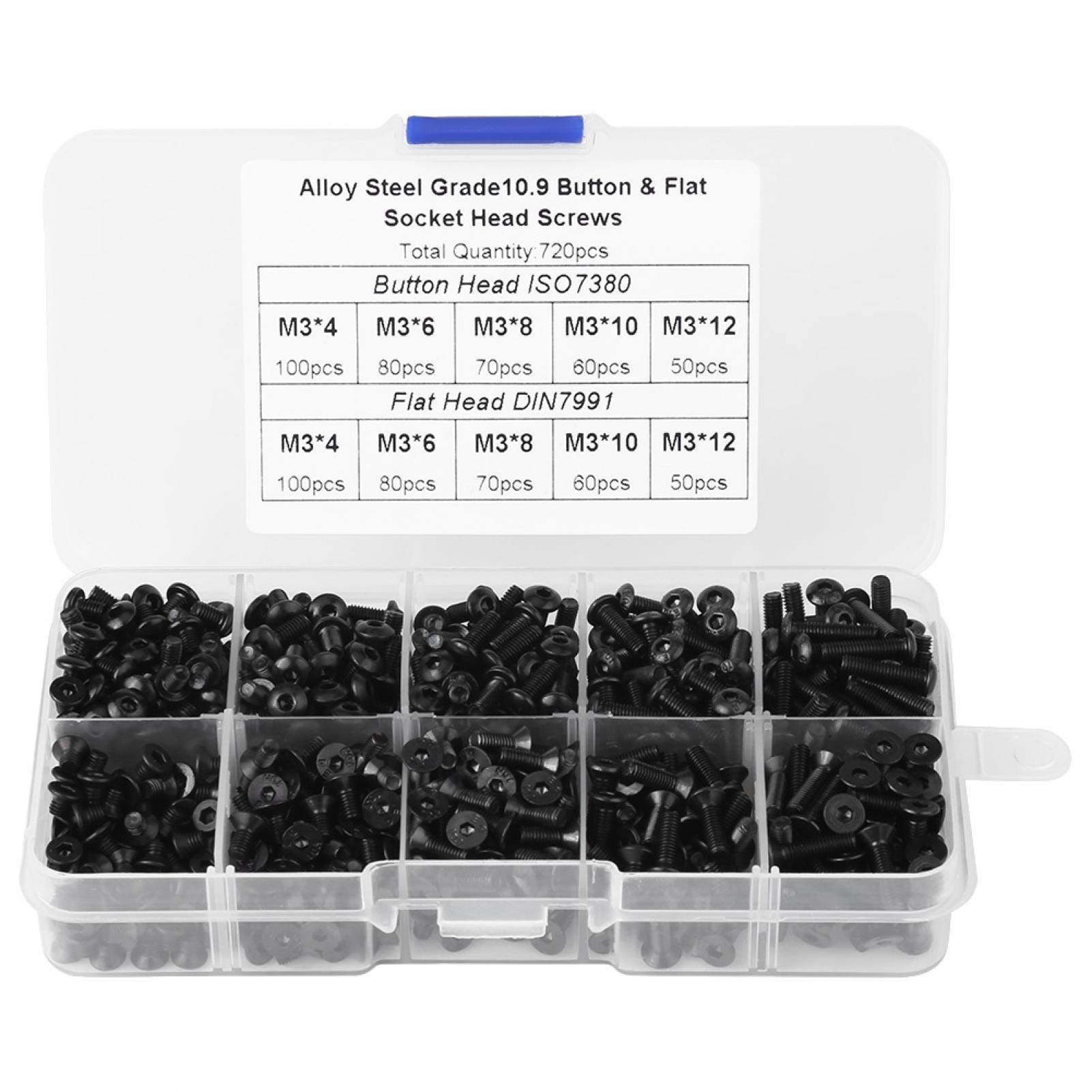 M3/M4/M6/M8/M10/M12 Black Alloy Steel Screws Flat/Button Head Hex Socket Head Cap Bolts Screws with Plastic Box (720 PCS)
