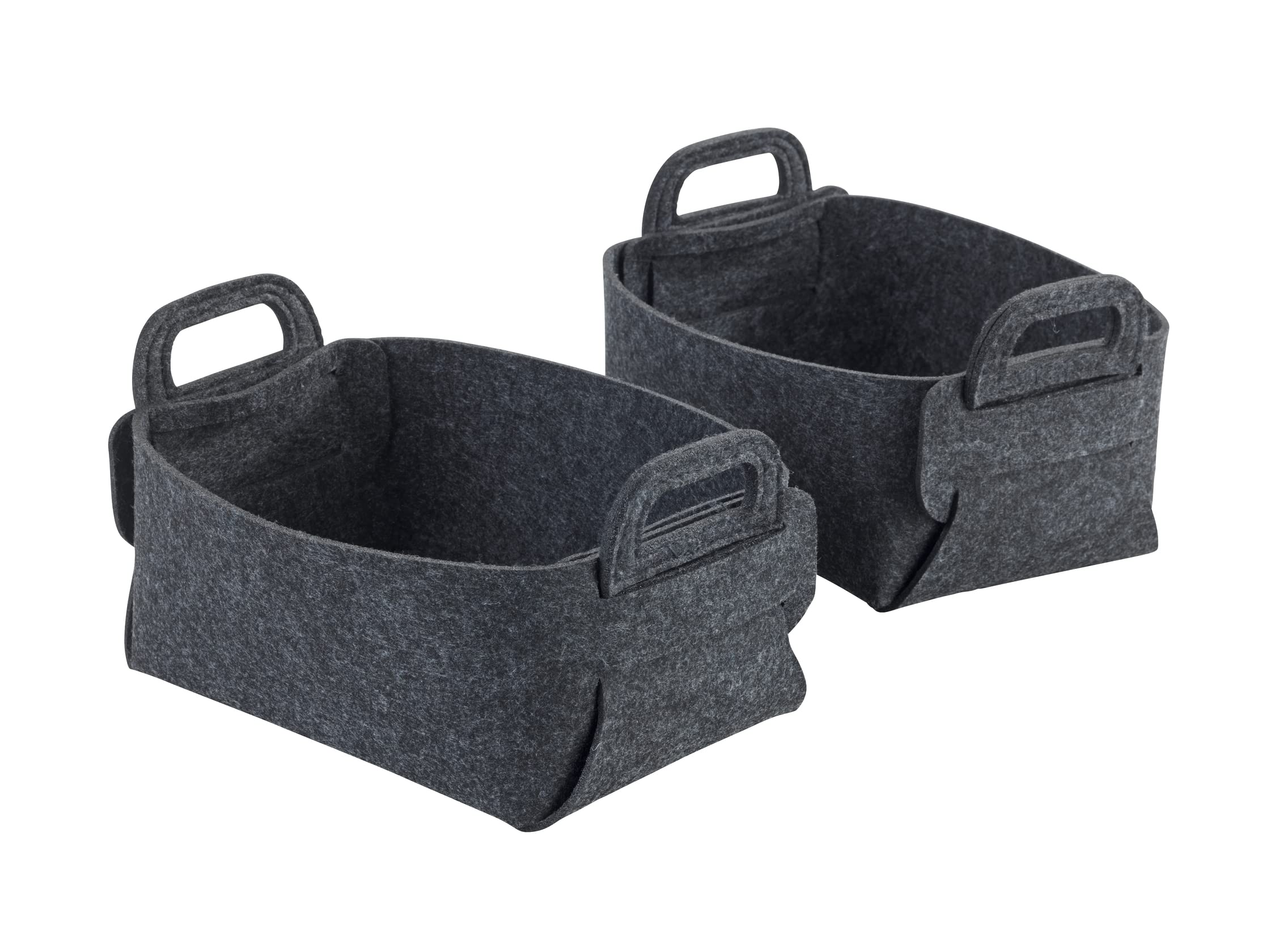 WENKO Felt basket Nina S, set of 2 storage baskets made of recycled polyester felt, space-saving foldable felt baskets with practical carrying handles & 2.4 L capacity each, 19 x 14 x 9 cm, dark grey