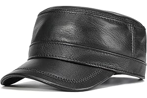 VOBOOM Leather Cadet Army Cap Adjustable Flat Top Military Style Hat for Men