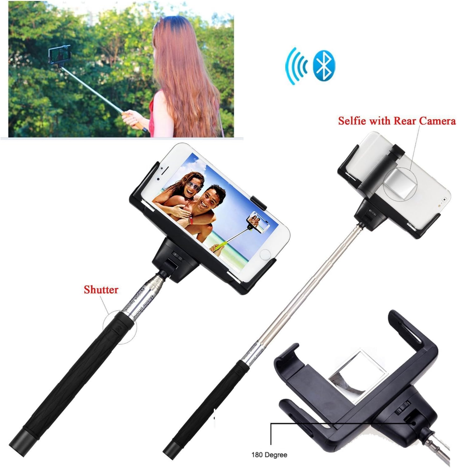 Nevermsrp D09 Strong Extendable Lightweight Wireless Mobile Phone Monopod Self-Portrait Selfie Stick with Mirror, Remote Shutter Button and Adjustable Phone Holder for many many phone models and Cameras. (black)