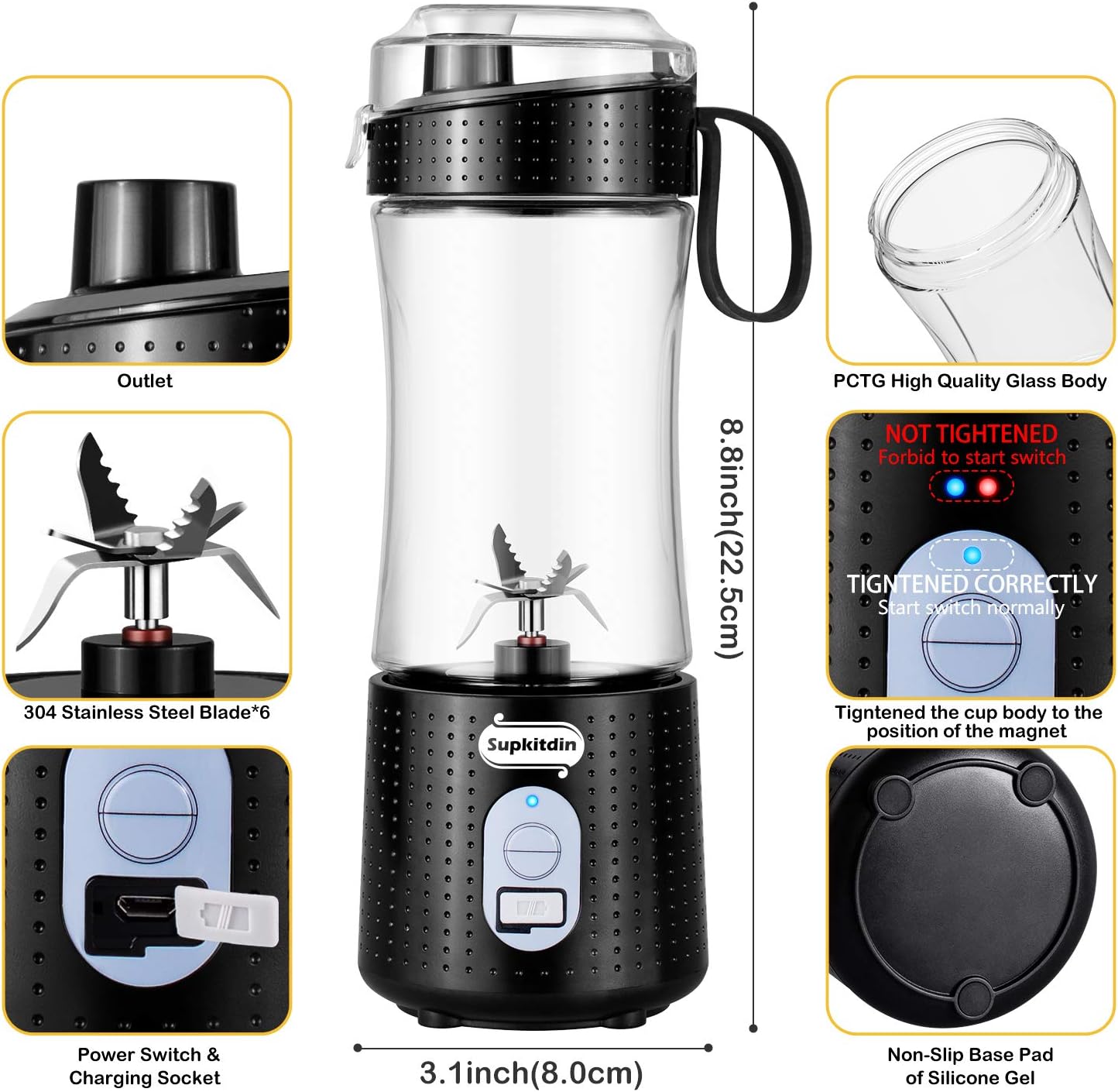 Supkitdin Portable Blender, Personal Mixer Fruit Rechargeable with USB, Mini Blender for Smoothie, Fruit Juice, Milk Shakes, 380ml, Six 3D Blades for Great Mixing (Black): Kitchen & Dining