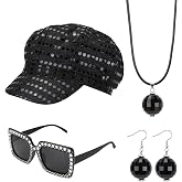 XEPST 4 PCS 70s Disco Costume Accessories Set with Sequin Hat Earrings Sunglasses Necklace Disco Fancy Dress Kit for Women Retro 70 80 Theme Party Costume, Black