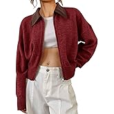 Saodimallsu Womens Zip Up Barn Jacket Cropped Faux Leather Collared Open Front Long Sleeve Fall Cardigan Sweaters