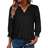 3/4 Length Sleeve Womens Tops Business Casual Blouses V Neck T Shirts with Puff Sleeve