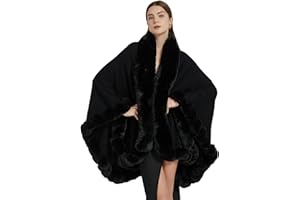 Tngan Faux Fox Fur Trim Cardigan Cloak Shawl Wraps Winter Poncho Oversized Cape