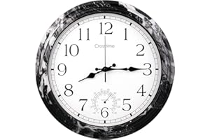 CROSSTIME 16 Inch Outdoor Clock Waterproof with Thermometer Combo Large Retro Indoor Outdoor Wall Clocks for Patio Pool Garden Home Decor,Black&Grey Marble