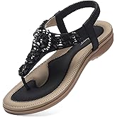 Littleplum Womens T-Strap Sandals Arch Support Casual Ankle Elastic Summer Flat Sandal Dressy Comfort Walking Shoes Flip Flops for Women Elegant Black Size 9