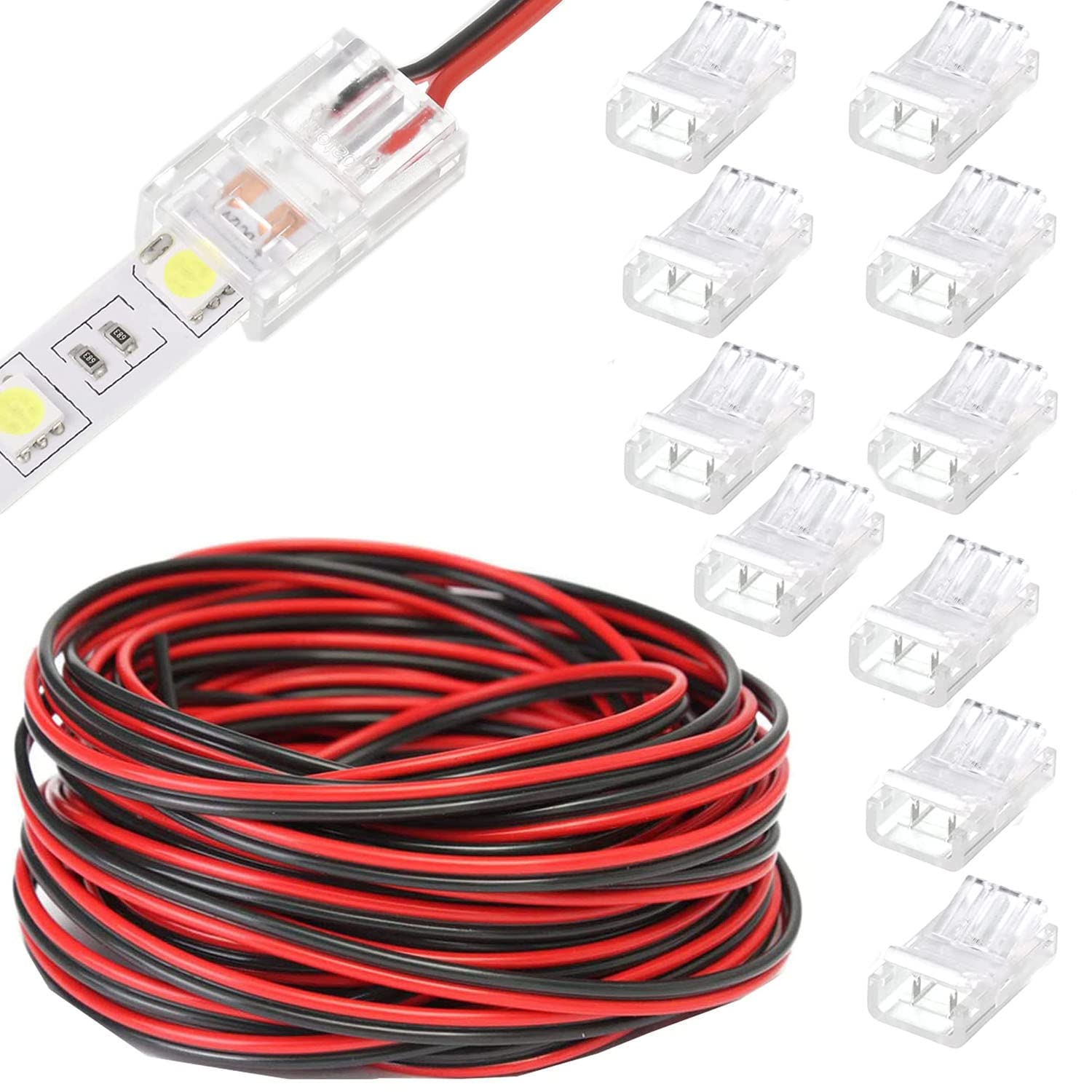 RUNCCI-YUN 3528 2835 2 Pin 10mm RGB LED Light Connector Kit, Includes 20 M Extension Cable,2 Pin LED Light Connector Gapless, for 10mm Strip to Wire Quick Connection