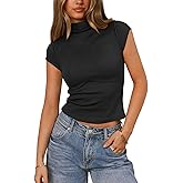 Pungdra Womens Cap Sleeve T Shirts Mock Neck Tops for Women Y2k Knit Slim Fit Tee Casual Basic Crop Going Out Top