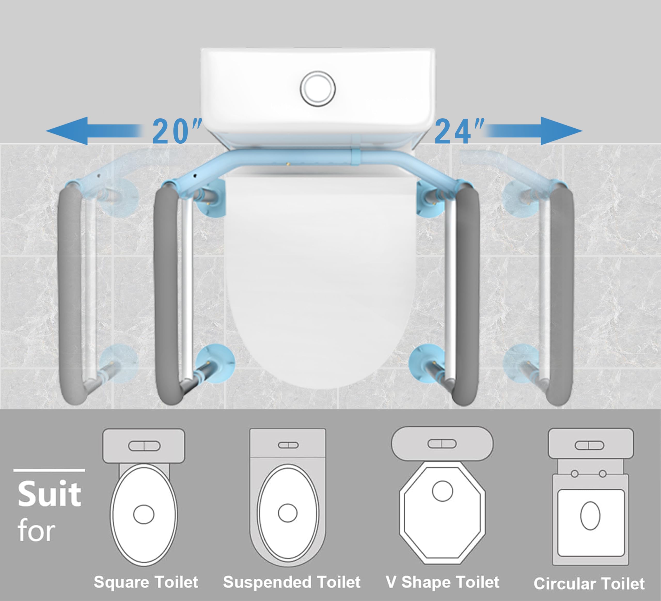 Delog Stand Alone Toilet Safety Rail - Adjustable Width & Height Fit Any Toilet, Medical Toilet Frame for Elderly Handicap Disabled, Folding Handrails