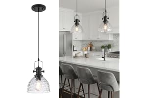 Audickic Black Pendant Lights Kitchen Island, 7.5" Farmhouse Pendant Lighting with Hammered Glass Shade, Vintage Hanging Ligh