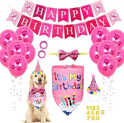 SUOXU Dog Birthday Bandana Hat Bow Tie Set Blue Pink 24.8 x 18.1 x 18.1