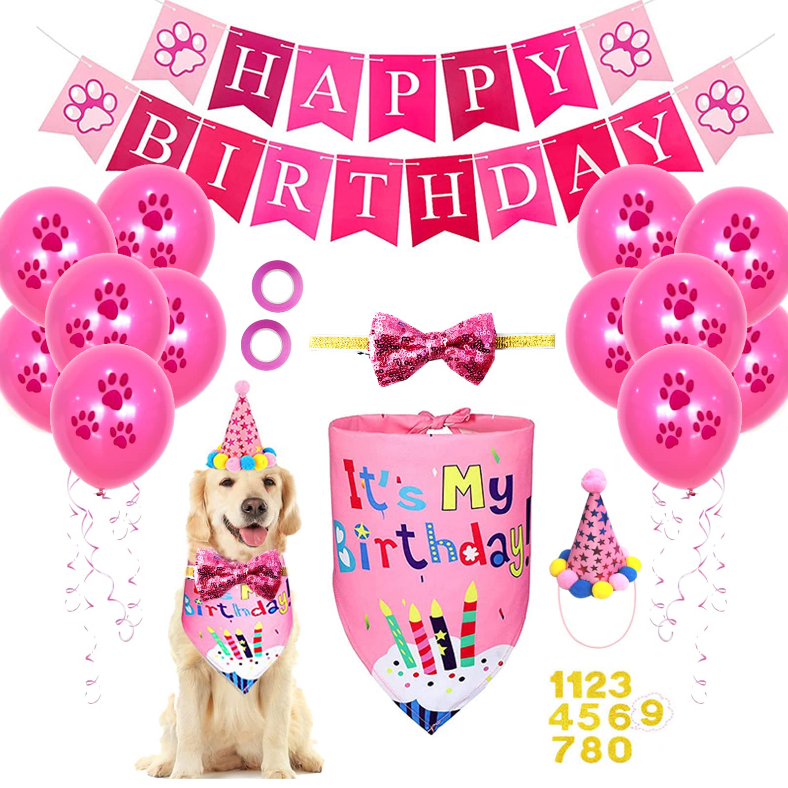 SUOXU Dog Birthday Party Supplies, Dog Bandana Hat Bow Tie Number,Cute Boy Girl Pet Outfit Triangle Scarf for Small Medium Cat Dog Party Cake Gift Decoration Set